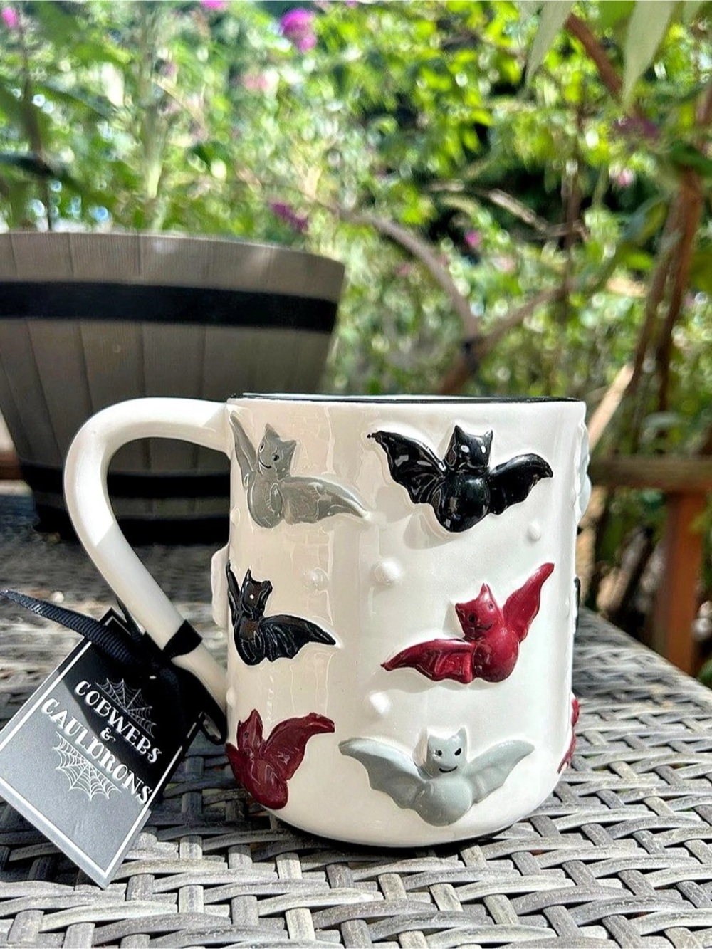 HALLOWEEN Bat Mug in White (w/raised hand painted bats) NWT - LARGE